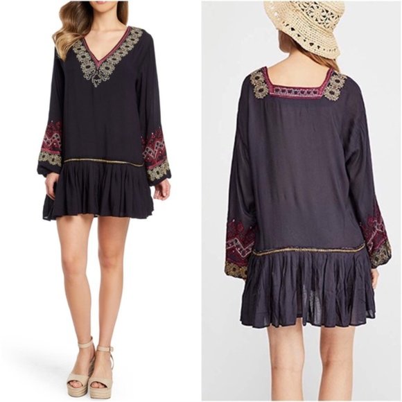 Free People Wild One Peasant Mini Dress Long Sleeve Embroidered Drop Waist Black - Picture 1 of 12